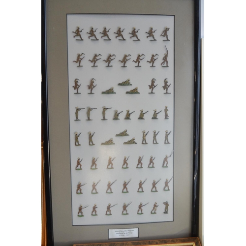 74 - Collection of thirteen framed hand painted alloy flat mostly soldier figures/figure sets to include ... 