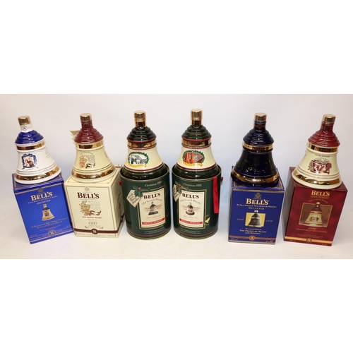 614 - Six Bell's Scotch whisky bell-shaped commemorative decanters, with original packaging, all 70cl