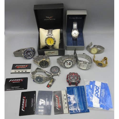 237 - Corvette Stingray stainless steel quartz chronograph wristwatch with date, signed yellow dial, three... 