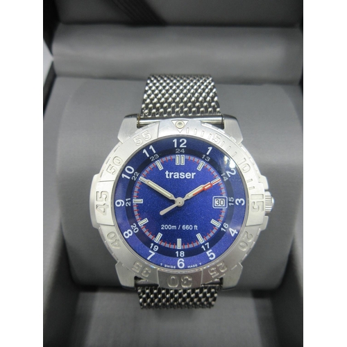 239 - Traser 200m stainless steel quartz diver's wristwatch with date, signed blue dial, centre seconds, s... 