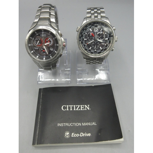 242 - Citizen Eco-Drive stainless steel chronograph wristwatch with date, signed block dial, three subsidi... 