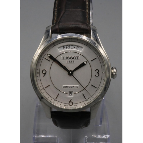 254 - Tissot stainless steel automatic wristwatch with day date, signed silvered dial, centre seconds, sig... 