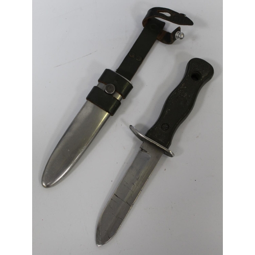 1434 - German Bundeswehr knife, complete with steel scabbard and leather frog, stamped OFW-C9 to ricasso. B... 