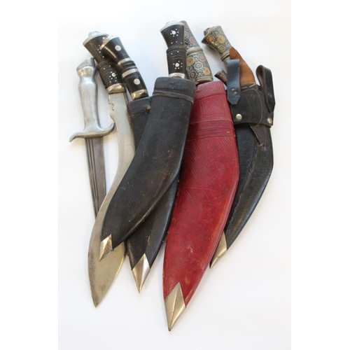 1440 - Collection of five Kukris and a horse hoof-shaped stainless steel hunting knife. (6)