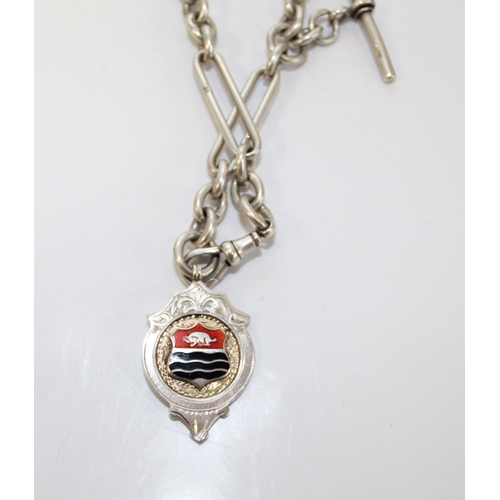 1414 - Silver enamelled award fob, engraved 'George Graham B.&D.C.C.A 1920' on a silver albert chain, silve... 