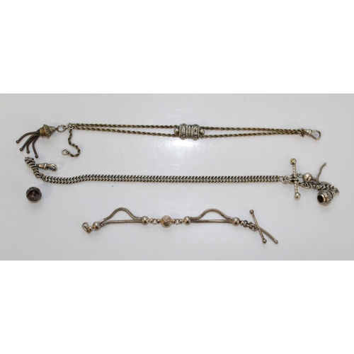 1416 - Collection of silver fobs and sporting medallions, three white metal unmarked albert chains, six ena... 