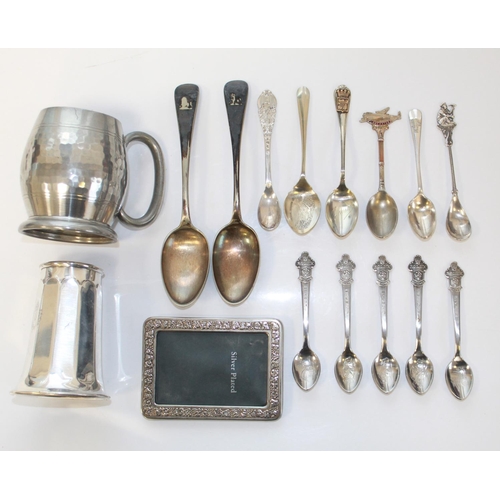 1417 - Mappin & Webb silver plate square salver, five silver plate Rolex spoons by Bucherer watches, silver... 