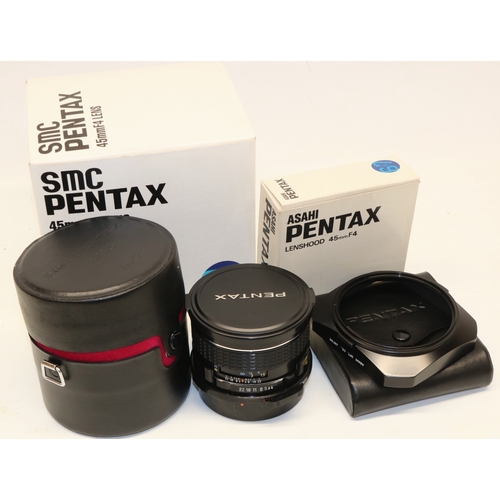 172 - Asahi SMC Pentax 6x7  f/4 45mm lens, and f/4 45mm lens hood, both with original cases and boxes (2)