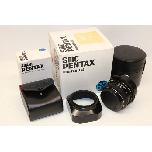 173 - Asahi SMC Pentax 6x7 f/2.8 90mm camera lens, and an Asahi Pentax 105mm f/2.4 90mm f/2.8 lens hood, b... 