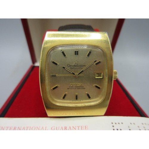 295 - Omega Constellation gold plated automatic wristwatch with date, signed vertically brushed champagne ... 