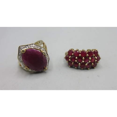 303 - 9ct yellow gold ring set with large ruby and white stones, size M1/2, and another 9ct yellow gold ri... 