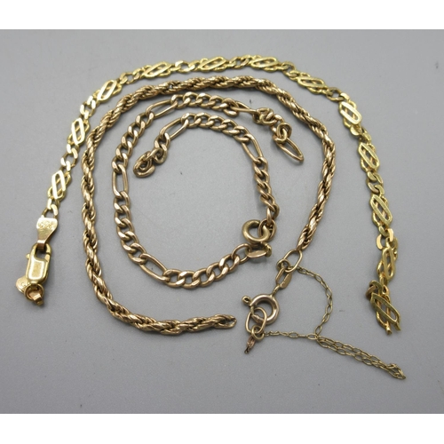 796 - 9ct yellow gold fancy link bracelet, and two gold chains, A/F, stamped 375, 8.9g