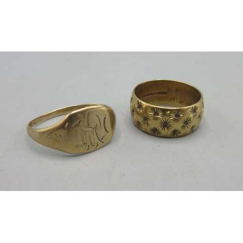 797 - Yellow gold gents signet ring with engraved initials to face, hallmarks worn, and a 9ct yellow gold ... 