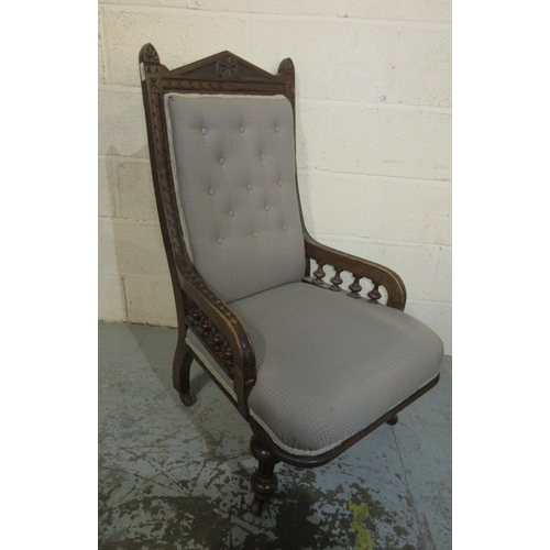 1208 - Victorian scale carved oak framed open arm chair and a matching chair, on turned fluted supports (2)