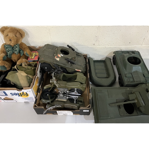 398 - Collection of Cherilea military vehicles for Action Man and similar figures, soft toys incl. a Harro... 