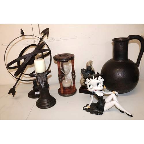 1275 - Collection of decorative items, incl. a mill bobbin sand timer, H30cm, armillary sphere, Betty Boop ... 