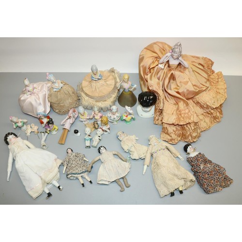 622 - Collection of pin cushion half dolls, German dolls with porcelain heads and black painted hair, etc.... 