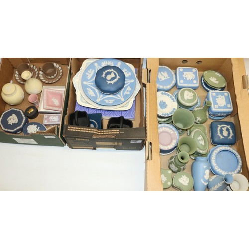 647 - Large collection of Wedgwood Jasperware including two taupe brown coffee cans and saucers with shell... 