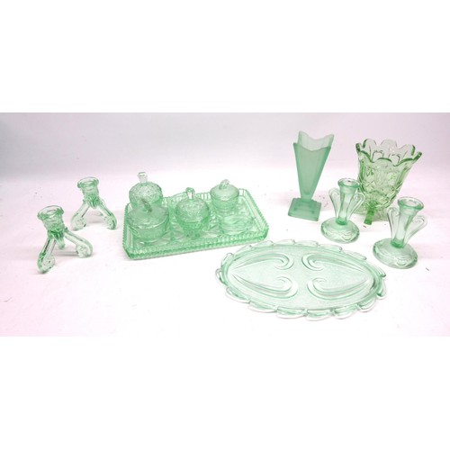 748 - Collection of c1930s Bagley and other uranium glass, incl. dressing table pots and trays, candlestic... 