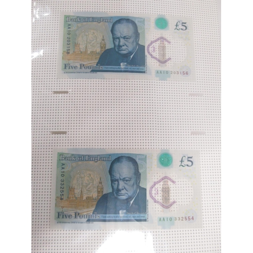 381 - Folder cont. 55 Polymer £5 banknotes to inc. serial no. AK47, AK48, AA01, etc.