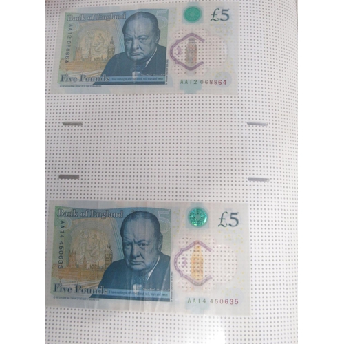 381 - Folder cont. 55 Polymer £5 banknotes to inc. serial no. AK47, AK48, AA01, etc.