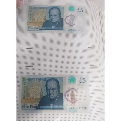 381 - Folder cont. 55 Polymer £5 banknotes to inc. serial no. AK47, AK48, AA01, etc.