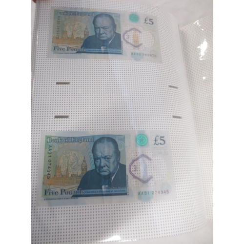 381 - Folder cont. 55 Polymer £5 banknotes to inc. serial no. AK47, AK48, AA01, etc.