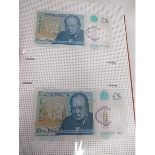 381 - Folder cont. 55 Polymer £5 banknotes to inc. serial no. AK47, AK48, AA01, etc.