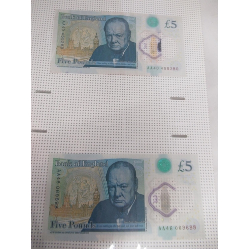 381 - Folder cont. 55 Polymer £5 banknotes to inc. serial no. AK47, AK48, AA01, etc.