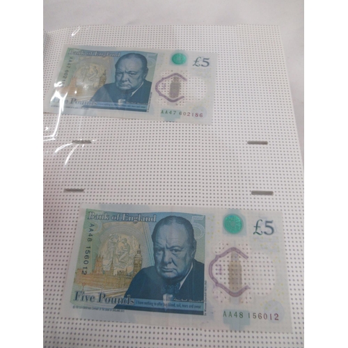 381 - Folder cont. 55 Polymer £5 banknotes to inc. serial no. AK47, AK48, AA01, etc.