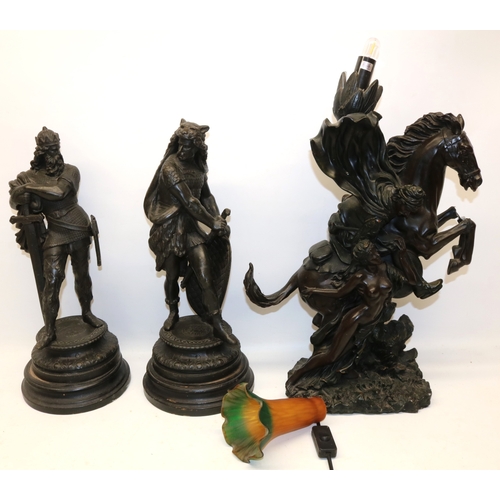 1306 - Pair of spelter figures of Nordic warriors, H45cm, and a resin table lamp of a rearing horse with tw... 