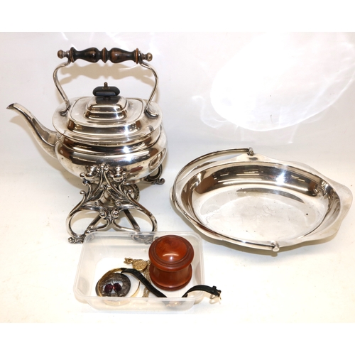 1330 - EPNS dish and EPNS tea kettle with spirit burner, treen box, Ward Bros silver hallmarked thistle bro... 