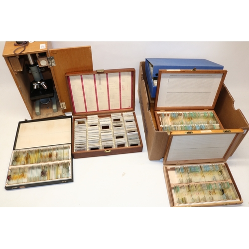 765 - Opax microscope in wooden case, and a large collection of mid-late 20th century microscope and proje... 