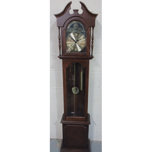 1220 - Mahogany long case clock, brass arched dial with two weights and pendulum, H187cm