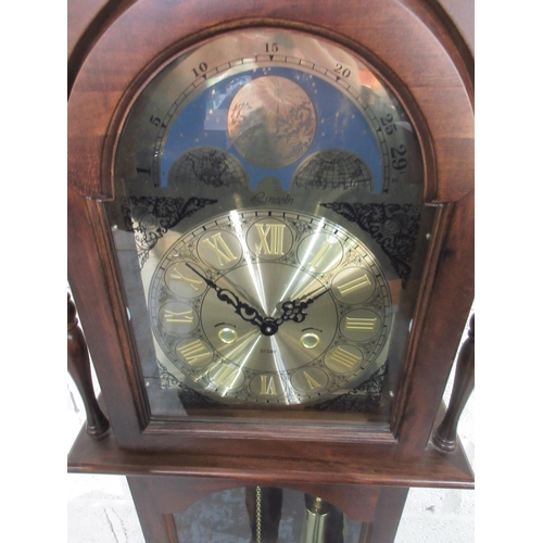 1220 - Mahogany long case clock, brass arched dial with two weights and pendulum, H187cm