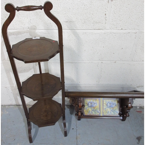 1222 - Victorian style mahogany wall bracket and a 1930's oak folding cake stand, (2)