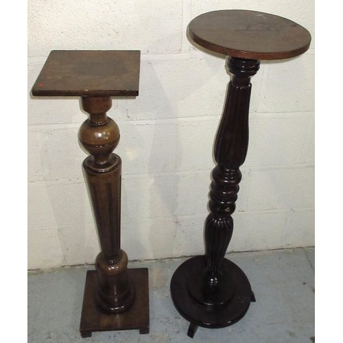 1223 - Edwardian walnut plant stand on square base and a fluted mahogany plant stand on circular base, H107... 