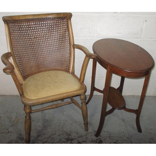 1224 - 20th century beech framed open arm chair, canework back and padded seat on turned supports, and an E... 