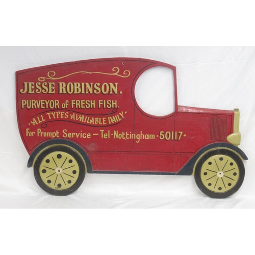 394 - 'Jesse Robinson Purveyor of Fresh Fish' wood sign in the shape of a van, approx. W 114cm & H 68.5cm