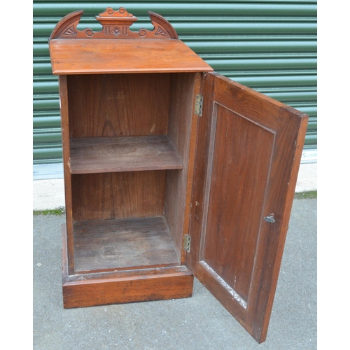 452 - Victorian walnut beside cabinet with carved panel door, W38cm D33cm H80cm