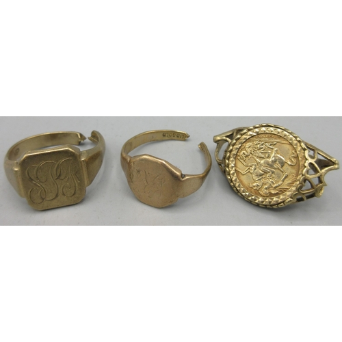 145 - 9ct gold St George coin in a 9ct yellow gold ring mount, 9ct rose gold signet ring and a 9ct rose go... 