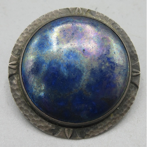 148 - Arts and Craft circular silver brooch with central blue/green Ruskin panel, diameter 3cm, stamped Ru... 