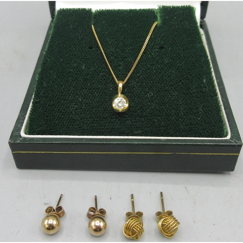 157 - 18ct yellow gold necklace with singular diamond pendant stamped 18k, L43cm 1.6g, and two pairs of 9c... 