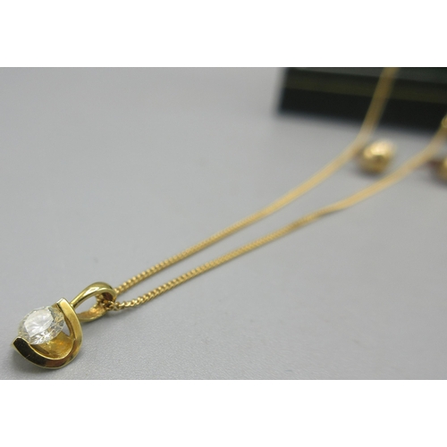 157 - 18ct yellow gold necklace with singular diamond pendant stamped 18k, L43cm 1.6g, and two pairs of 9c... 