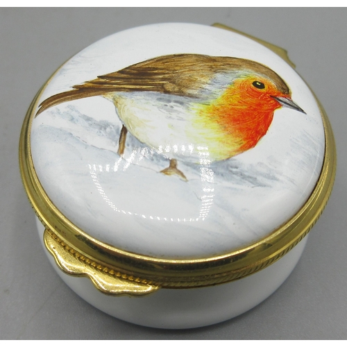 158 - Moorcroft circular Robin enamel box, hand painted and signed by artist initials JB, in presentation ... 