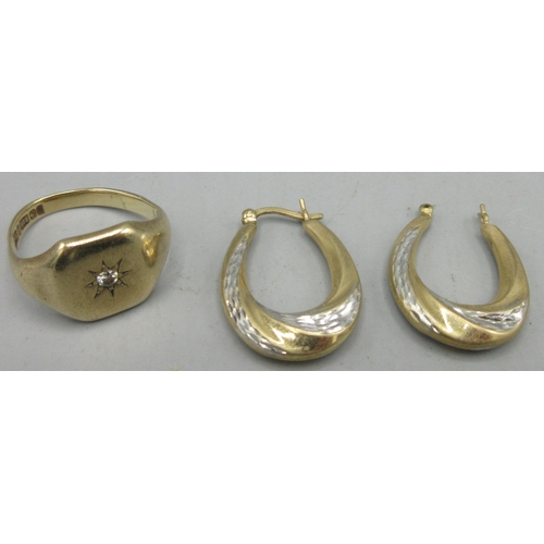 160 - 9ct yellow gold signet ring set with singular diamond, stamped 375, band warped size approximately M... 