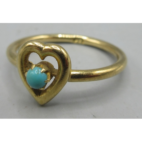 162 - 18ct yellow gold ring, heart shaped face set with singular turquois, stamped 18, size L, 2.6g