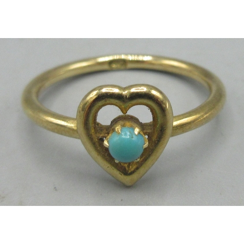 162 - 18ct yellow gold ring, heart shaped face set with singular turquois, stamped 18, size L, 2.6g