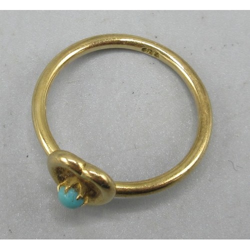 162 - 18ct yellow gold ring, heart shaped face set with singular turquois, stamped 18, size L, 2.6g