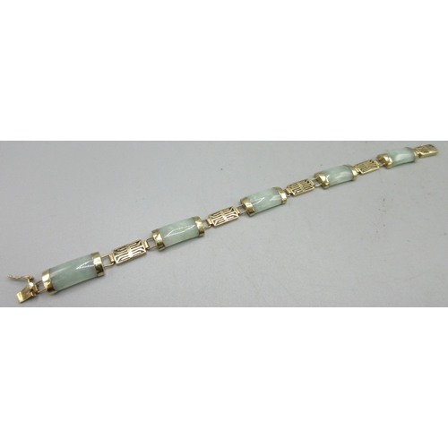 163 - 9ct yellow gold mounted jade bracelet, stamped 9k 375, L16.5cm, 7.5g